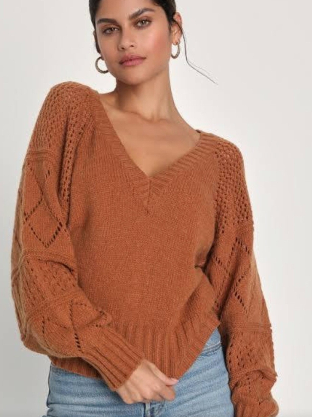 LULU'S Trend Maker Light Brown Pointelle Knit V-Neck Sweater